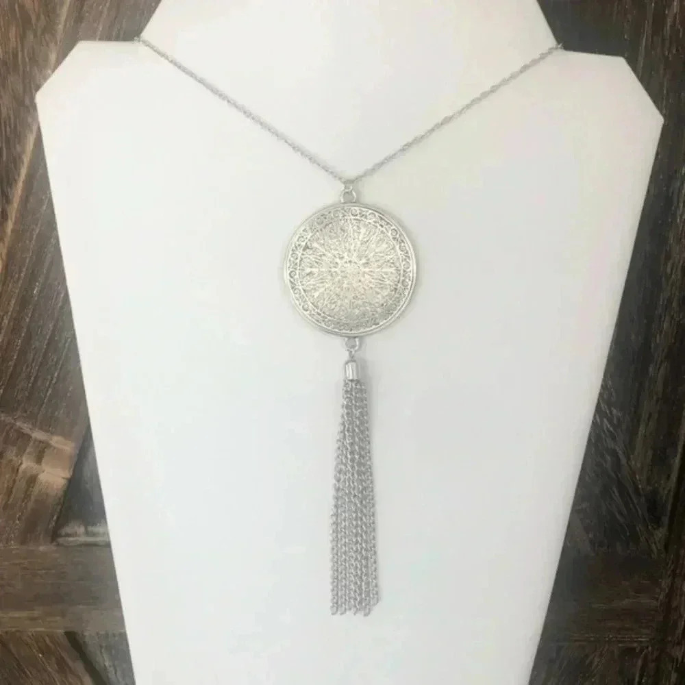 3D Medallion and Tassel Silver Statement Sweater Necklace NWT
